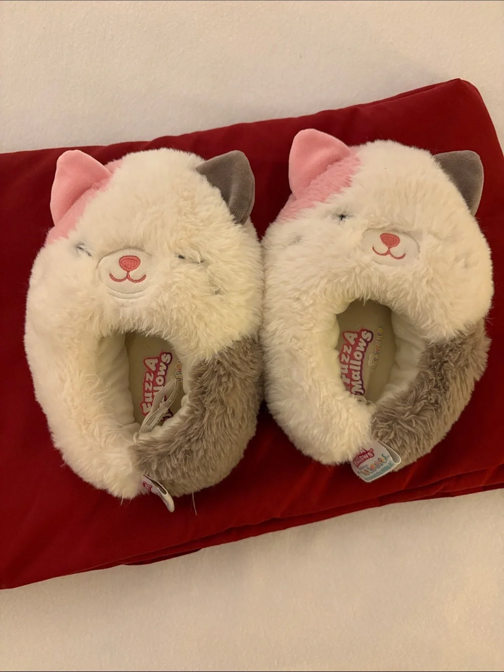 FuzzaMallows Plush Cat Slip-On Kids Slippers - Cream, Pink & Gray